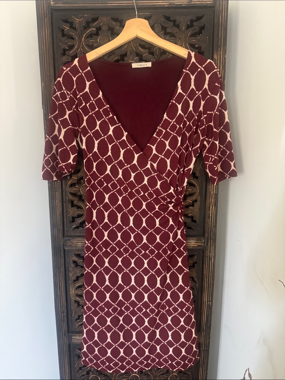 Gilli Burgundy Midi Wrap Dress with Ivory Geometric Print